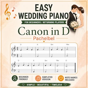 Canon in D Sheet Music for Weddings - Easy Piano PDF - Wedding Music - Note Names - First Dance Songs - Father Daughter Songs