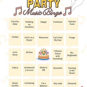 May include: A birthday party music bingo game card featuring the text Birthday Party Music Bingo, a grid of song titles, a colourful birthday cake illustration, party hats, balloons, musical notes, and confetti on a light background.
