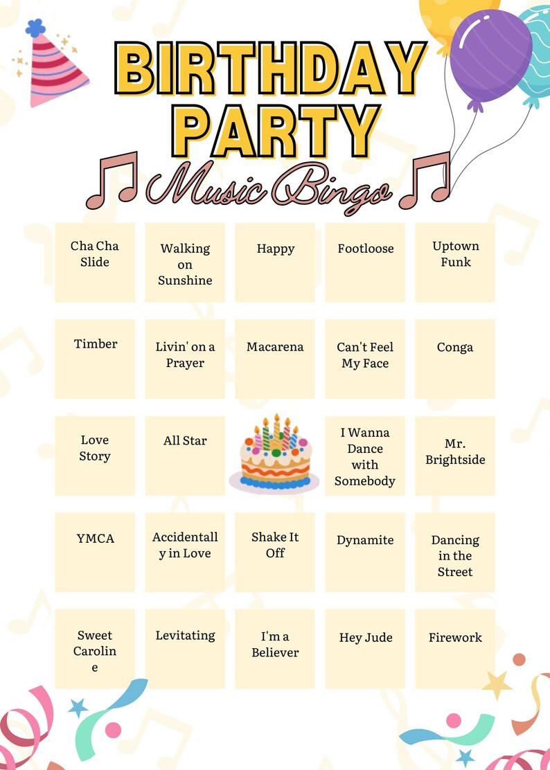 May include: A birthday party music bingo game card featuring the text Birthday Party Music Bingo, a grid of song titles, a colourful birthday cake illustration, party hats, balloons, musical notes, and confetti on a light background.