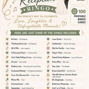 May include: A Wedding Reception Bingo game sheet featuring a gold microphone, a bride and groom illustration, and a list of 100 iconic songs. The text includes 'Wedding Reception BINGO', '100 ICONIC SONGS', '100 PRINTABLE BINGO CARDS', and song titles.