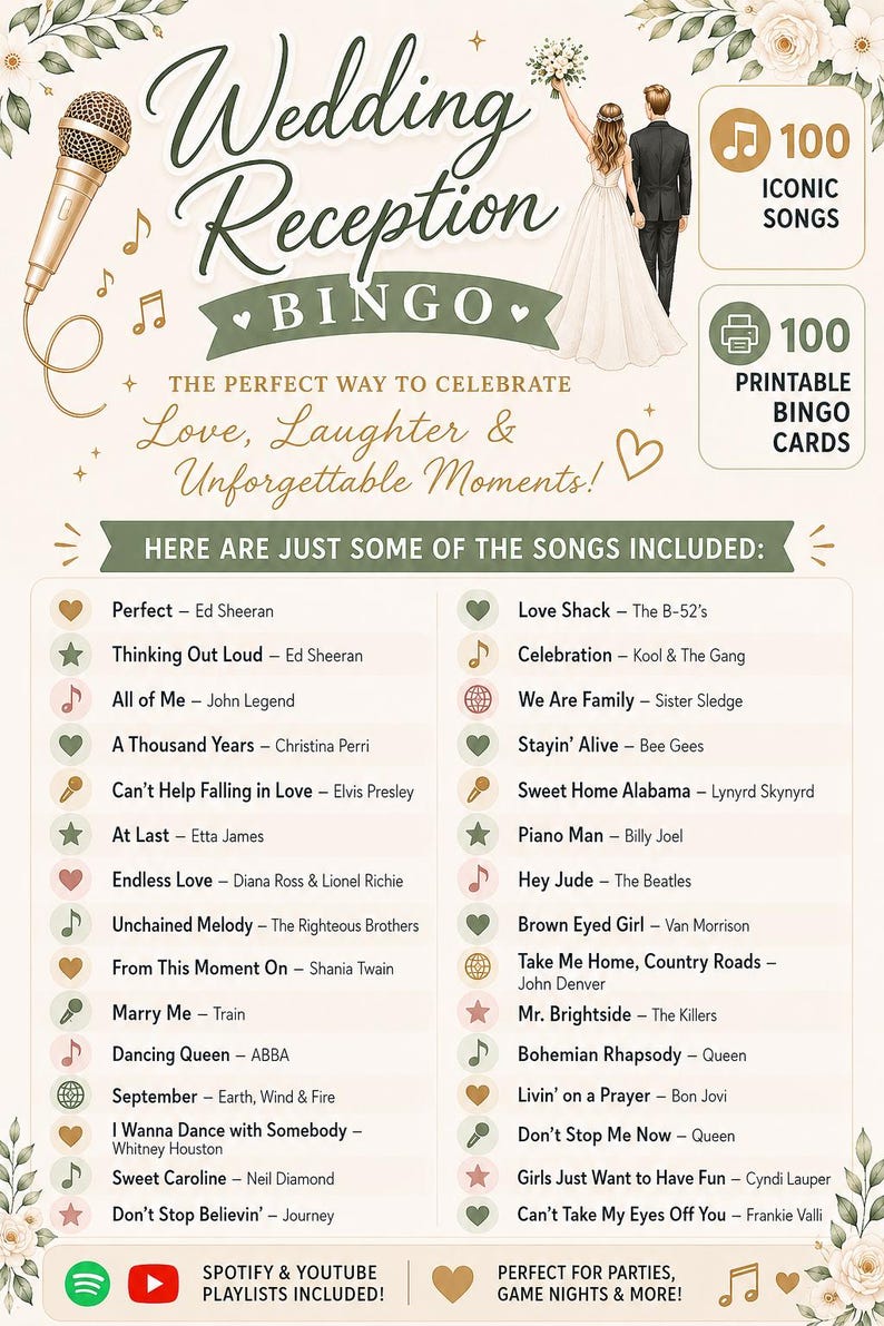 May include: A Wedding Reception Bingo game sheet featuring a gold microphone, a bride and groom illustration, and a list of 100 iconic songs. The text includes 'Wedding Reception BINGO', '100 ICONIC SONGS', '100 PRINTABLE BINGO CARDS', and song titles.