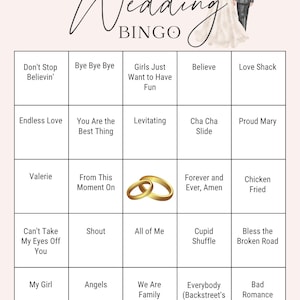May include: A Wedding Bingo game card featuring a grid of song titles, a pair of gold wedding rings in the center, and an illustration of a bride and groom at the top. The design is decorated with green leaves at the top and bottom edges.