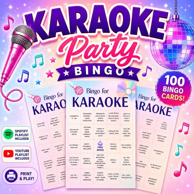 May include: A colorful karaoke party bingo game set. The design features a pink microphone, a disco ball, musical notes, and bingo cards with song titles. Includes 100 bingo cards, Spotify and YouTube playlist links, and print & play options.
