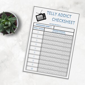 May include: A printable TV show checklist with a retro TV graphic. The checklist has a section for the program name, series/season, and a grid for marking off episodes watched.