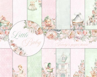 May include: A digital paper pack with a pink and green color scheme featuring illustrations of a baby, a crib, a stroller, flowers, and a house. The text "Little Baby" and "Tsvety's paper house" are included in the design.
