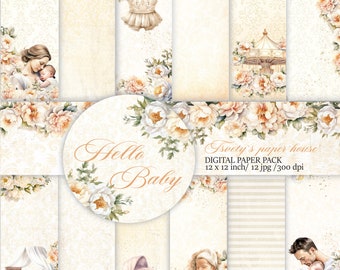 Bébé fille papier numérique pivoine fleurs scrapbooking chambre d'enfant fond baby shower fournitures maman et bébé artisanat imprimable