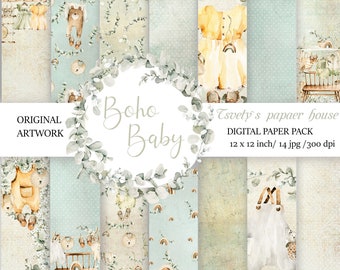 Baby Digital Paper, Boho, Shabby chic, Newborn Seamless File, Baby Scrapbook Paper, Nursery Pattern, Baby Girl Boy, Scrapbook Paper