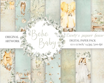 Baby  Digital Paper, Boho,   Shabby chic, Newborn Seamless File, Baby Scrapbook Paper, Nursery Pattern, Baby Girl Boy , Scrapbook Paper