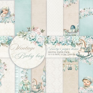 Vintage Baby Boy digitaal papier Scrapbook achtergrond kinderen blauw patroon moeder afdrukbare pasgeboren douche verjaardag stickers kaarten