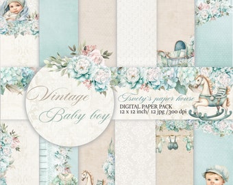 Vintage Baby Boy Digital Paper Scrapbook Background Children Blue Pattern Mother Printable Newborn Shower Birtday Stickers Cards