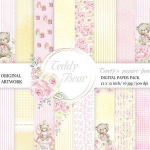 Teddy Bear ensemble de papier numérique, papier numérique bébé fille, baby shower fille modèle numérique Bébé fille Paper Pack rose Nursery Digital Background