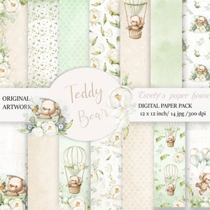 Baby Boy Baby girl Digital Paper Teddy Bear Scrapbook Background Children green Pattern Boy DIY Printable Newborn Shower Birtday  Cards