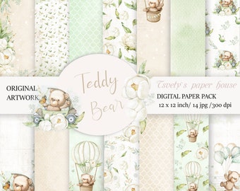 Baby Boy Baby girl Digital Paper Teddy Bear Scrapbook Background Children green Pattern Boy DIY Printable Newborn Shower Birtday Cards