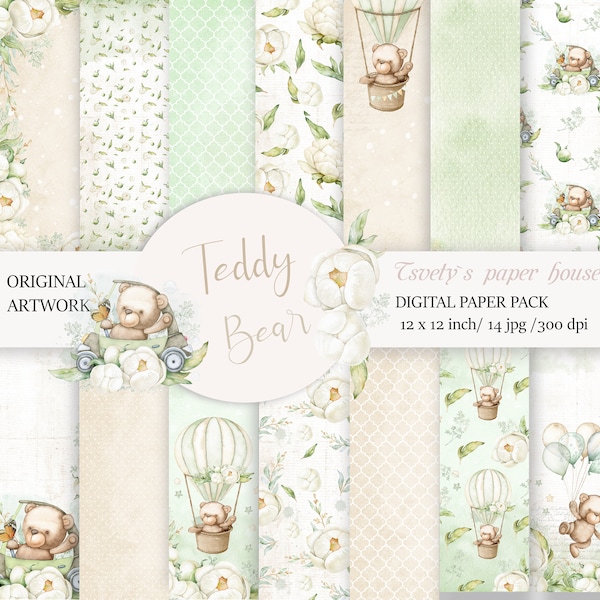 Baby Boy Baby girl Digital Paper Teddy Bear Scrapbook Background Children green Pattern Boy DIY Printable Newborn Shower Birtday  Cards