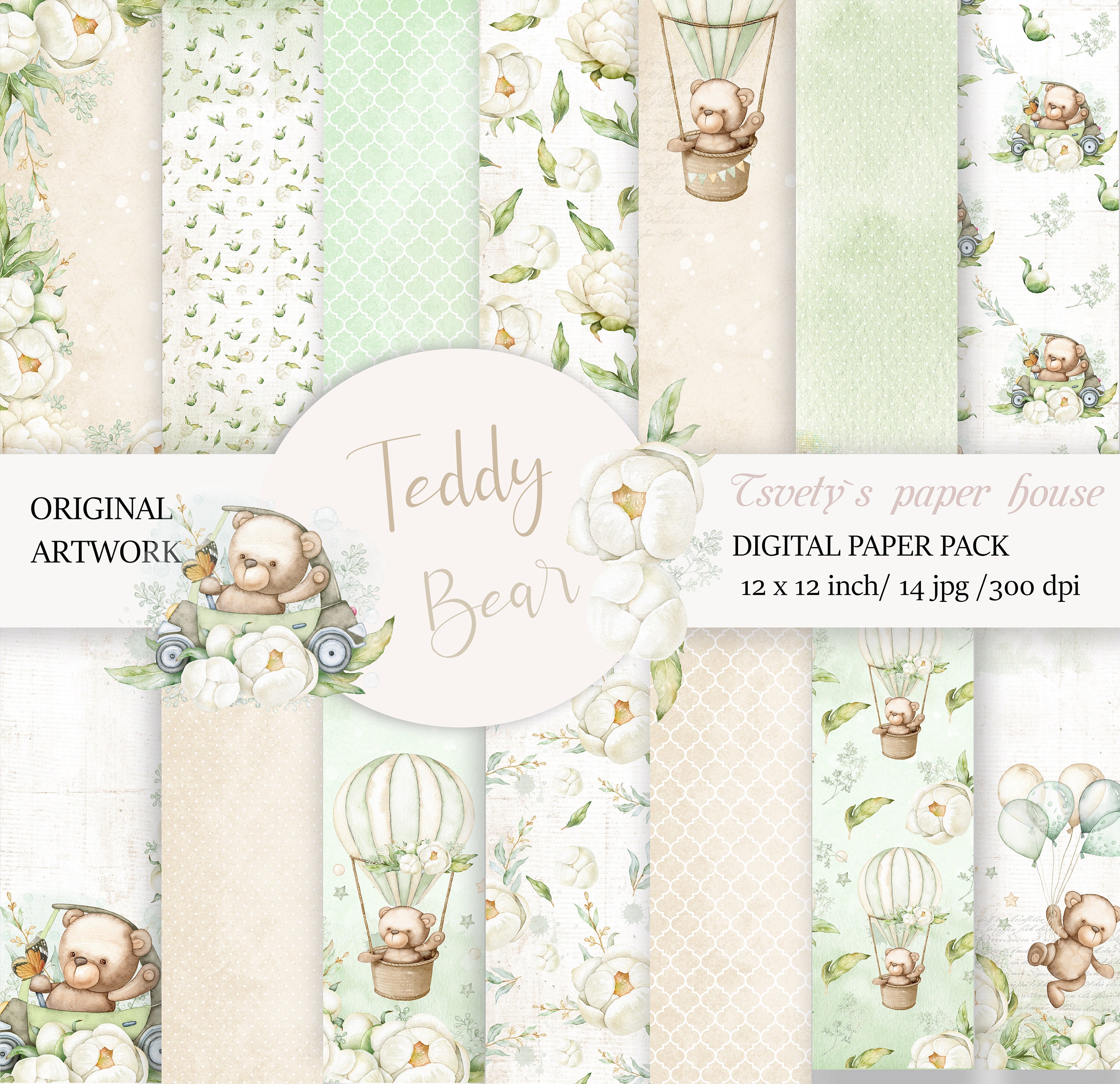 Baby Boy Baby girl Digital Paper Teddy Bear Scrapbook Background Children green Pattern Boy DIY Printable Newborn Shower Birtday  Cards