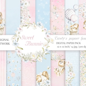 Zoete konijn, Baby meisje digitale papier set, blauw en roze, patroon babyshower aquarel bloemen, Instant download, Afdrukbaar, Scrapbook papier