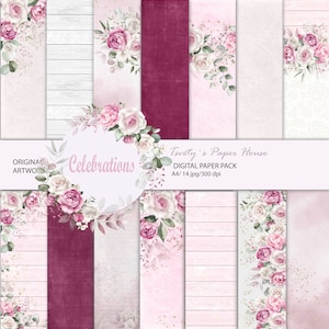 Hochzeit digitales Papier, A4, Blush Floral Wallpaper, Braut Scrapbook, rosa Pfingstrose Designs, Hochzeitsplaner, Polka Dot