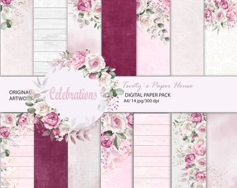 May include: A digital paper pack with 14 floral designs in pink, white, and burgundy. The designs feature watercolor flowers, leaves, and wood grain textures. The text "Celebrations" and "Tsvety's Paper House" is included in the image.