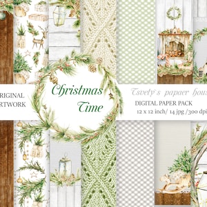 Kerst digitaal papier groen plakboek hout winter gebreide achtergrond geschenken benodigdheden planner stickers DIY afdrukbare ambachtelijke kaart