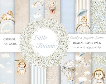 May include: A digital paper pack with 14 designs featuring watercolor illustrations of bunnies, rainbows, clouds, and floral wreaths. The designs are in shades of blue, brown, and white. The pack is 12 inches by 12 inches and 300 dpi.