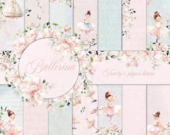 Pink ballerina digital paper pack, Girl Scrapbook album, Flower pattern, baby girl, ballet, Cross Printable Ephemera kit, Junk Journal