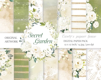 Green and Gold Wedding Digital Paper, Blush Floral Wedding Printable, Wedding Invitation, Pastel Wedding Background Paper, Sunflower Wedding