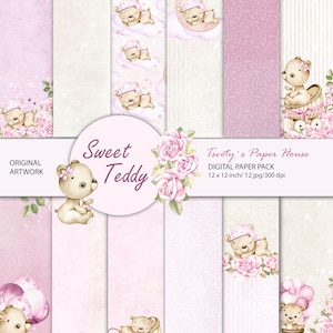Baby girl Digital Paper Teddy Bear Pink Scrapbook Background Children green Pattern Boy DIY Printable Newborn Shower Birtday Cards