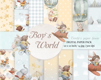 Baby Boy Digital Paper Sweet Cars Scrapbook Background Children Blue Pattern Boy DIY Printable Newborn Shower Birtday Stickers Cards