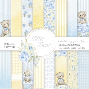 Teddy Bear juego de papel digital, papel digital baby Boy, baby shower boy patrón digital, Baby boy Paper Pack azul Nursery Digital Background
