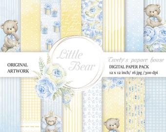 Teddy Bear digital paper set, baby Boy digital paper, baby shower boy digital pattern, Baby boy Paper Pack blue Nursery Digital Background