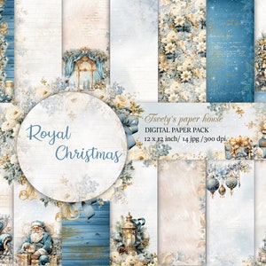 Navidad real Papel digital Álbum de recortes Oro azul Árbol de Navidad Patrón Libros de acuarela imprimibles Cajas de regalo de pastel de niña bonita de Navidad,