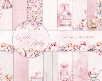 Welcome Baby Girl Digital Paper Scrapbook Background Children blusht peony Pattern Mother Printable Newborn Shower Birtday Stickers Cards