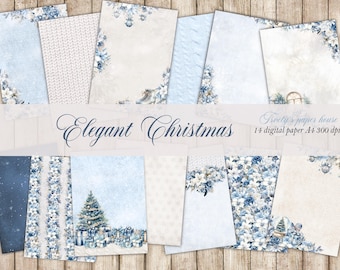 A4 elegant christmas collection, holiday digital papers, blue beige Christmas, Xmas, Winter scrapbook poissentia papers, clasic christmas