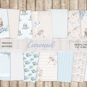 Baby Boy Digital Paper Carousel Horse Scrapbook Background Children Blue Pattern Boy DIY Printable Newborn Shower Birtday Stickers Cards