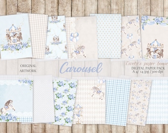 Baby Boy Digital Paper Carousel Horse Scrapbook Background Children Blue Pattern Boy DIY Printable Newborn Shower Birtday Stickers Cards
