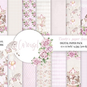 Baby Girl Digital Paper Carosello Cavallo Scrapbook Sfondo Bambini rosa Modello GirlDIY Stampabile Neonato Doccia Birtday Adesivi Carte