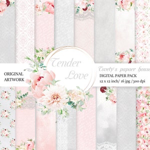 Papier numérique mariage rose poudré et gris, mariage floral rose poudré à imprimer, faire-part de mariage, papier de fond mariage pastel, mariage tournesol