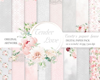 Blush and Grey Wedding Digital Paper, Blush Floral Wedding Printable, Wedding Invitation, Pastel Wedding Background Paper, Sunflower Wedding