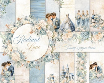 May include: A digital paper pack with a watercolor design featuring a wedding theme. The pack includes images of a bride and groom, bridesmaids, a wedding cake, a church, and floral arrangements. The text "Radiant Love" and "Tsvetys' paper house" are included in the design.