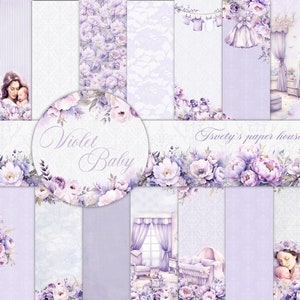 Welcome Baby Girl Digital Paper Scrapbook Background Children violet peony Pattern Mother Printable Newborn Shower Birtday Stickers Cards