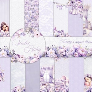 Willkommen Baby Mädchen Digitales Papier Gästebuch Hintergrund Kinder violette Pfingstrose Muster Mutter druckbare Neugeborene Dusche Geburtstag Aufkleber Karten
