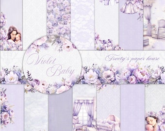 Welcome Baby Girl Digital Paper Scrapbook Background Children violet peony Pattern Mother Printable Newborn Shower Birtday Stickers Cards