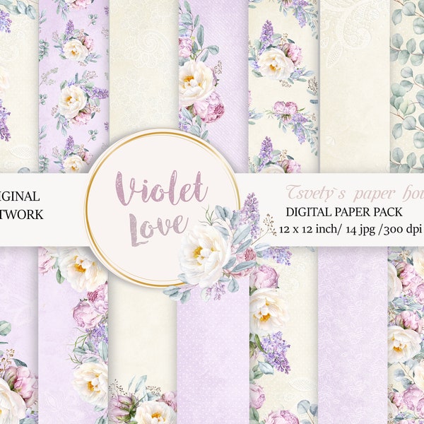 Violet and Beige Wedding Digital Paper, Paris, Violet Floral Wedding Printable, Wedding Invitation, Pastel Wedding Background Paper, Wedding