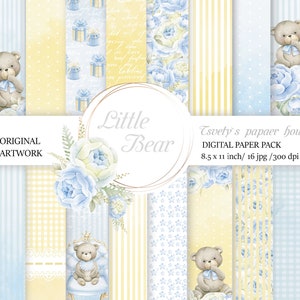 Teddy Bear digital paper set,  us paper size, baby shower boy digital pattern, Baby boy Paper Pack blue Nursery Digital Background