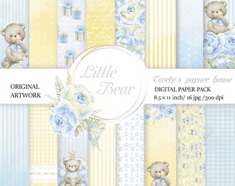 Teddy Bear digital paper set,  us paper size, baby shower boy digital pattern, Baby boy Paper Pack blue Nursery Digital Background