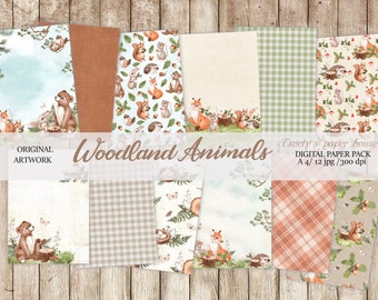 Watercolor Cute Woodland digital paper pack, Bear, Fox, Rabit,Baby animal pattern, nursery, Small Commercial Use, cute