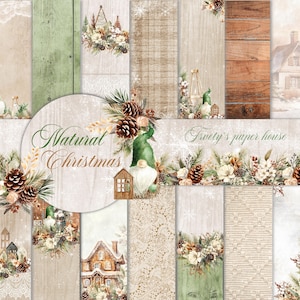 Pacchetto di carta digitale naturale natalizia, scrapbooking rustico con acquerello stampabile, motivo in legno, diario spazzatura, kit di effimeri stampabili