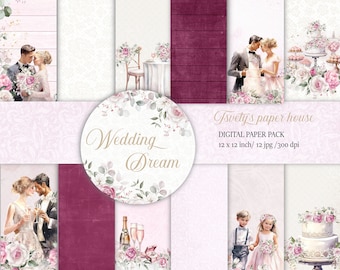 May include: A digital paper pack with 12 different designs featuring watercolor illustrations of couples, flowers, and wedding details. The designs are in shades of pink, white, and burgundy. The text "Wedding Dream" is featured in the center of the image.