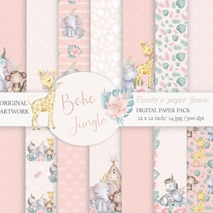Baby Mädchen Digital Papier Kleine Tiere Dschungel Hintergrund Kinder Blush Muster Mädchen Printable Newborn Shower Geburtstag Sticker