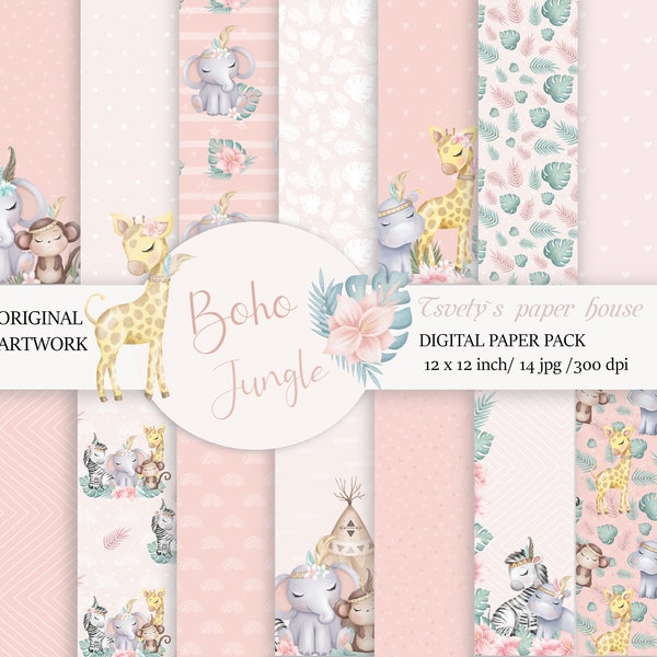 Baby Girl Digital Paper Little animals jungle Scrapbook Background Children Blush Pattern Girl Printable Newborn Shower Birthday Stickers